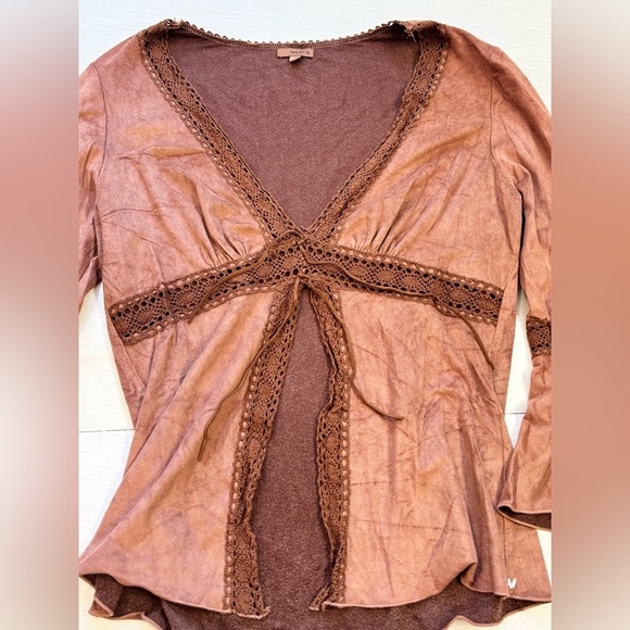 VTG Arden B Brown Faux Suede Boho Bell Flare Sleeve Lace Up Top Crochet size L - Picture 2 of 8